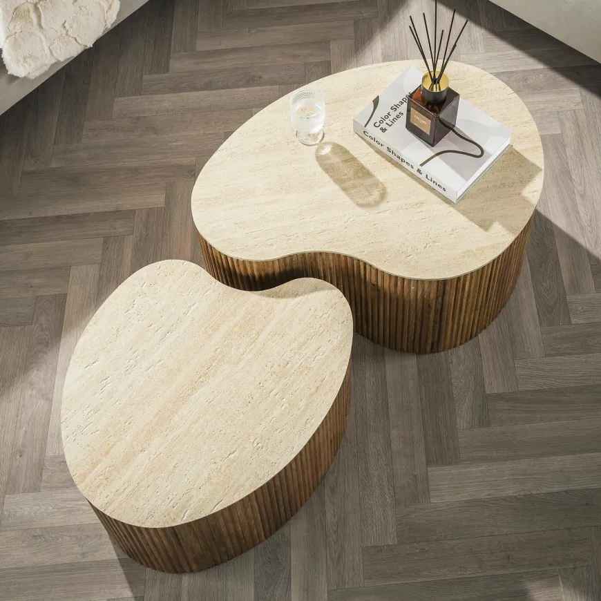 WoonStijl Salontafel Nuovo niervormig set van 2 / Massief mango zand