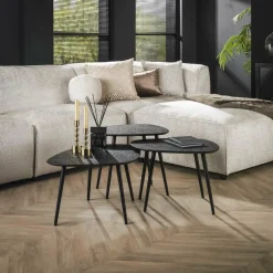 WoonStijl Salontafel set van 3 vierhoekig metallic zwart grijs