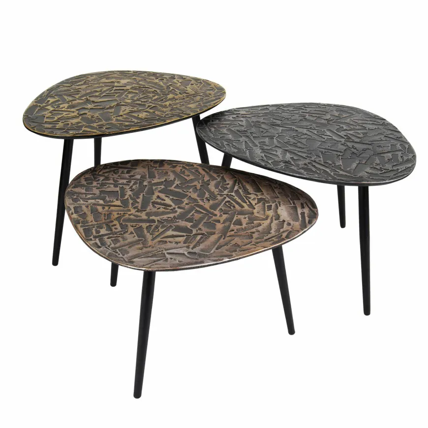 WoonStijl Salontafel set van 3 driehoekig patina metaal - koper, brons, zilver