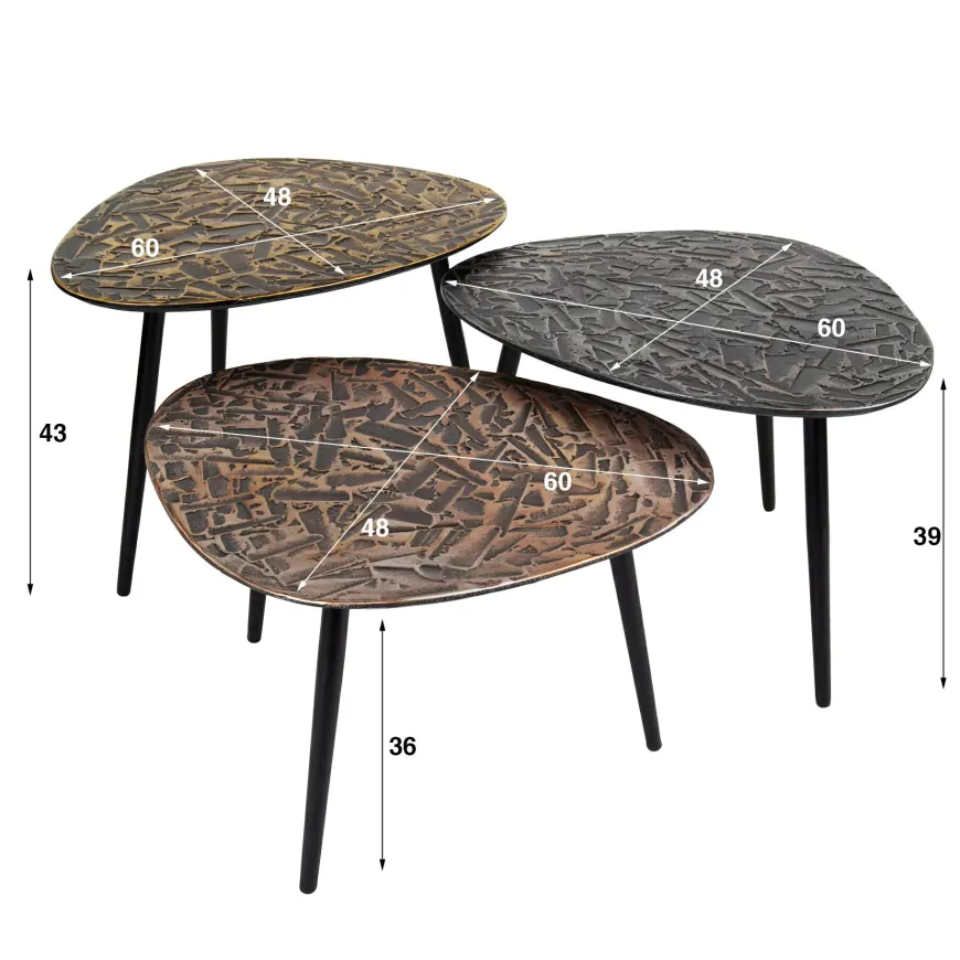 WoonStijl Salontafel set van 3 driehoekig patina metaal - koper, brons, zilver