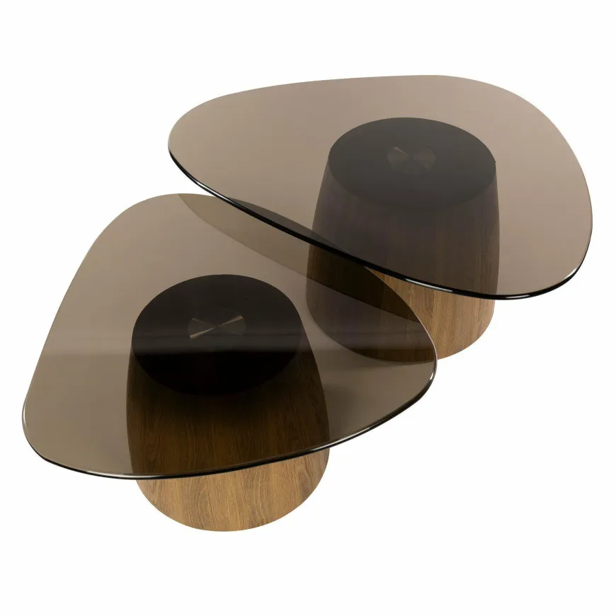WoonStijl Salontafel Tinto driehoekig set set van 2 salontafels met brons glas