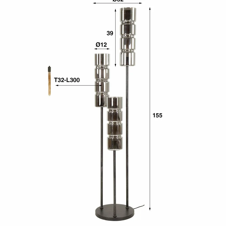 WoonStijl Vloerlamp 3L getrapt cylinder glas