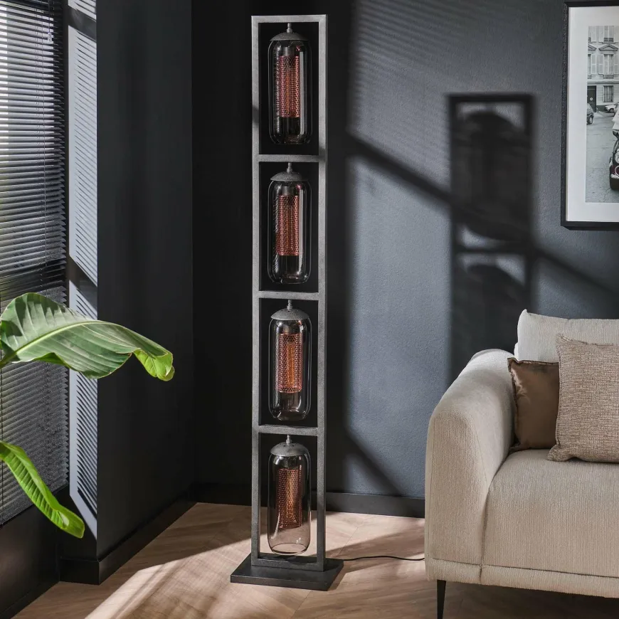 WoonStijl Vloerlamp 4L tower smoke glas-geperforeerd staal