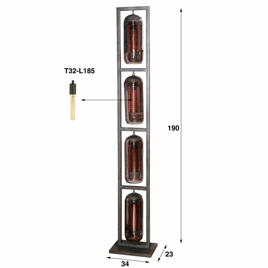WoonStijl Vloerlamp 4L tower smoke glas-geperforeerd staal