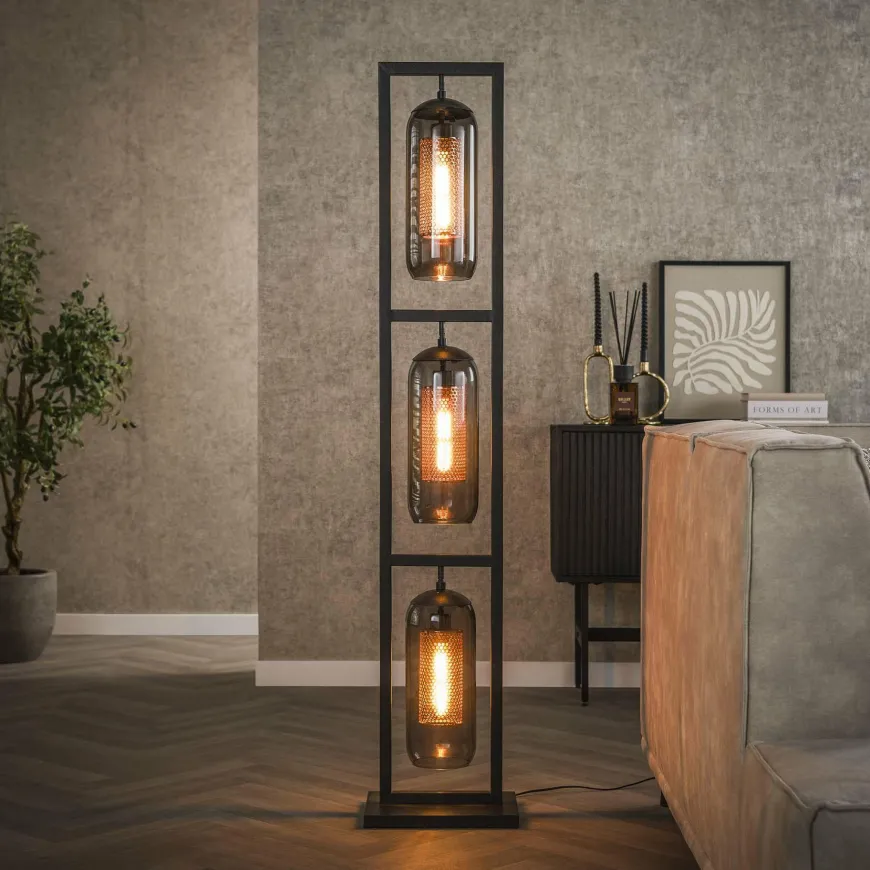 WoonStijl Vloerlamp 3L tower smoke glas-geperforeerd staal