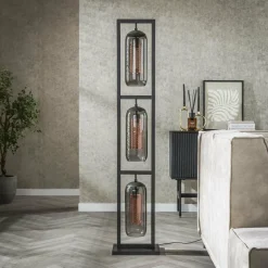 WoonStijl Vloerlamp 3L tower smoke glas-geperforeerd staal