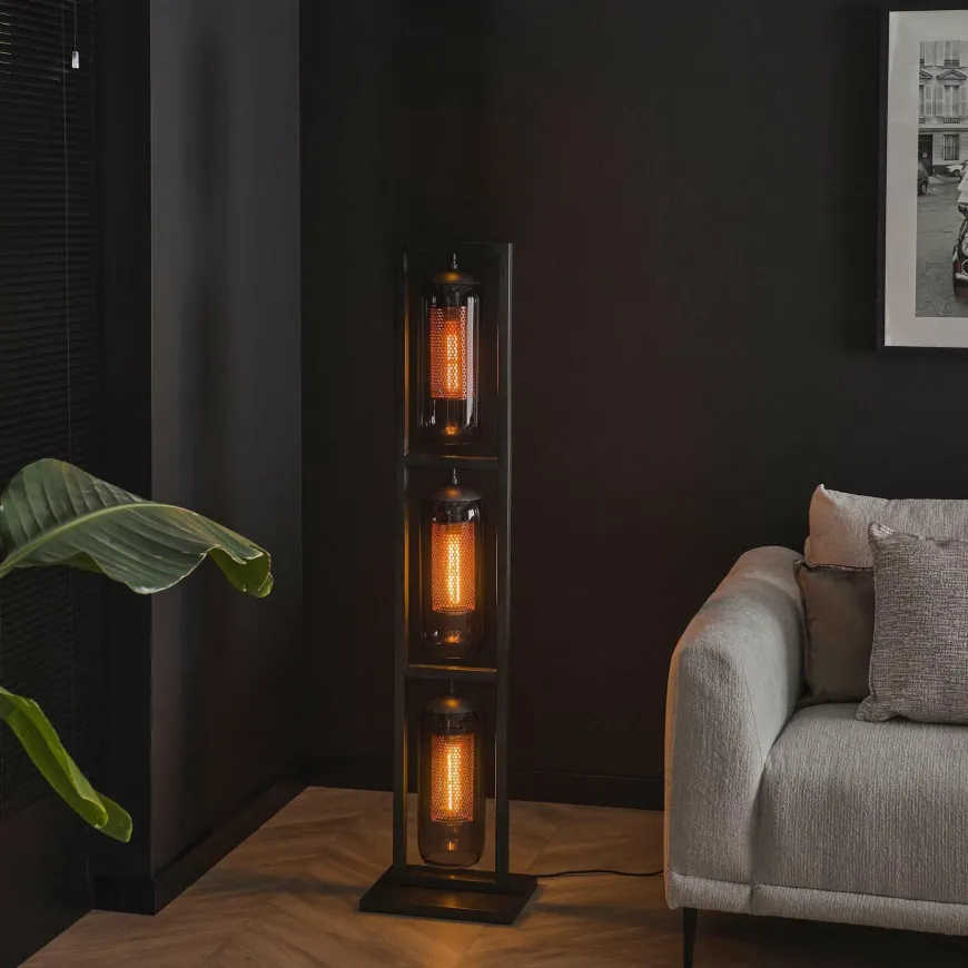 WoonStijl Vloerlamp 3L tower smoke glas-geperforeerd staal