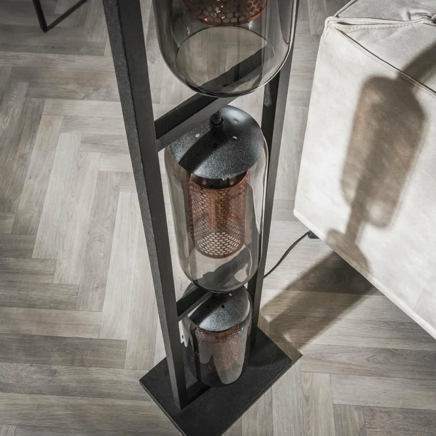 WoonStijl Vloerlamp 3L tower smoke glas-geperforeerd staal