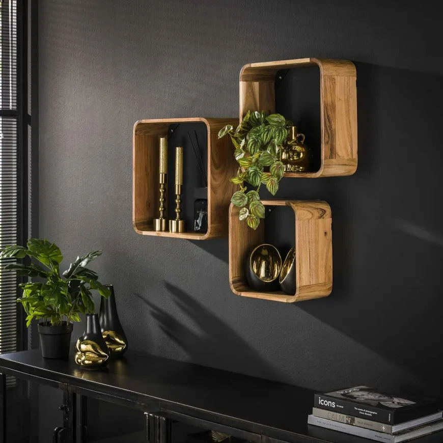 WoonStijl Wandschap Acacia vierkant set van 3