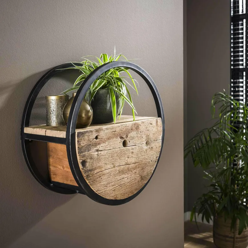 WoonStijl Wandschap circular Ø50 met lade / Robuust hardhout