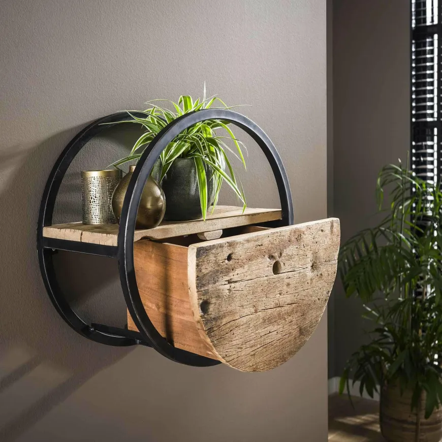 WoonStijl Wandschap circular Ø50 met lade / Robuust hardhout