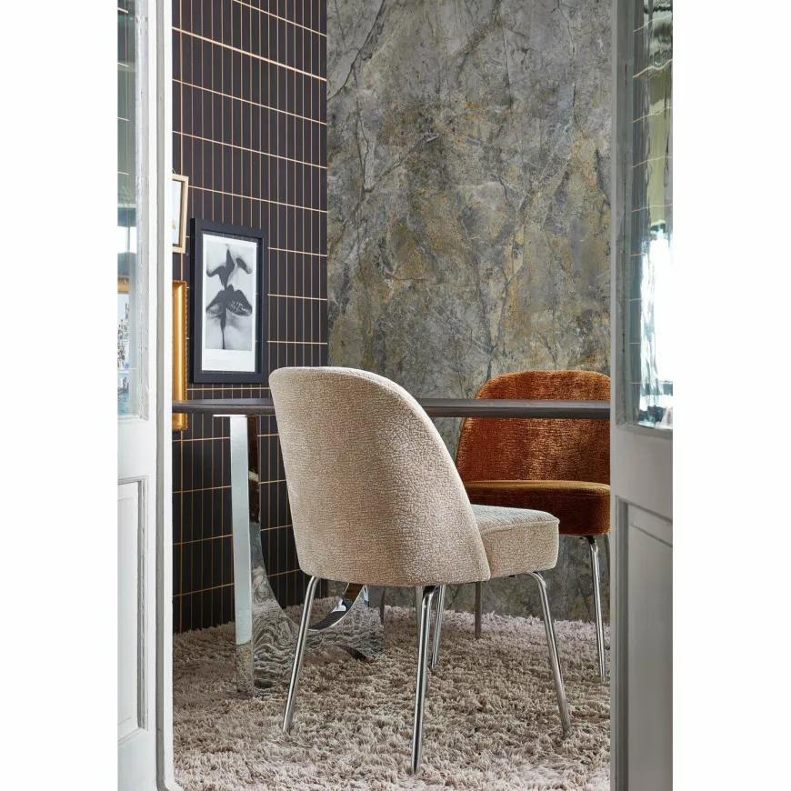 Woood Vogue eetkamerstoel 3d chenille zand chrome poot